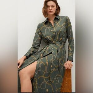 Mango Olive Green Chain-Print Midi Shirt Dress